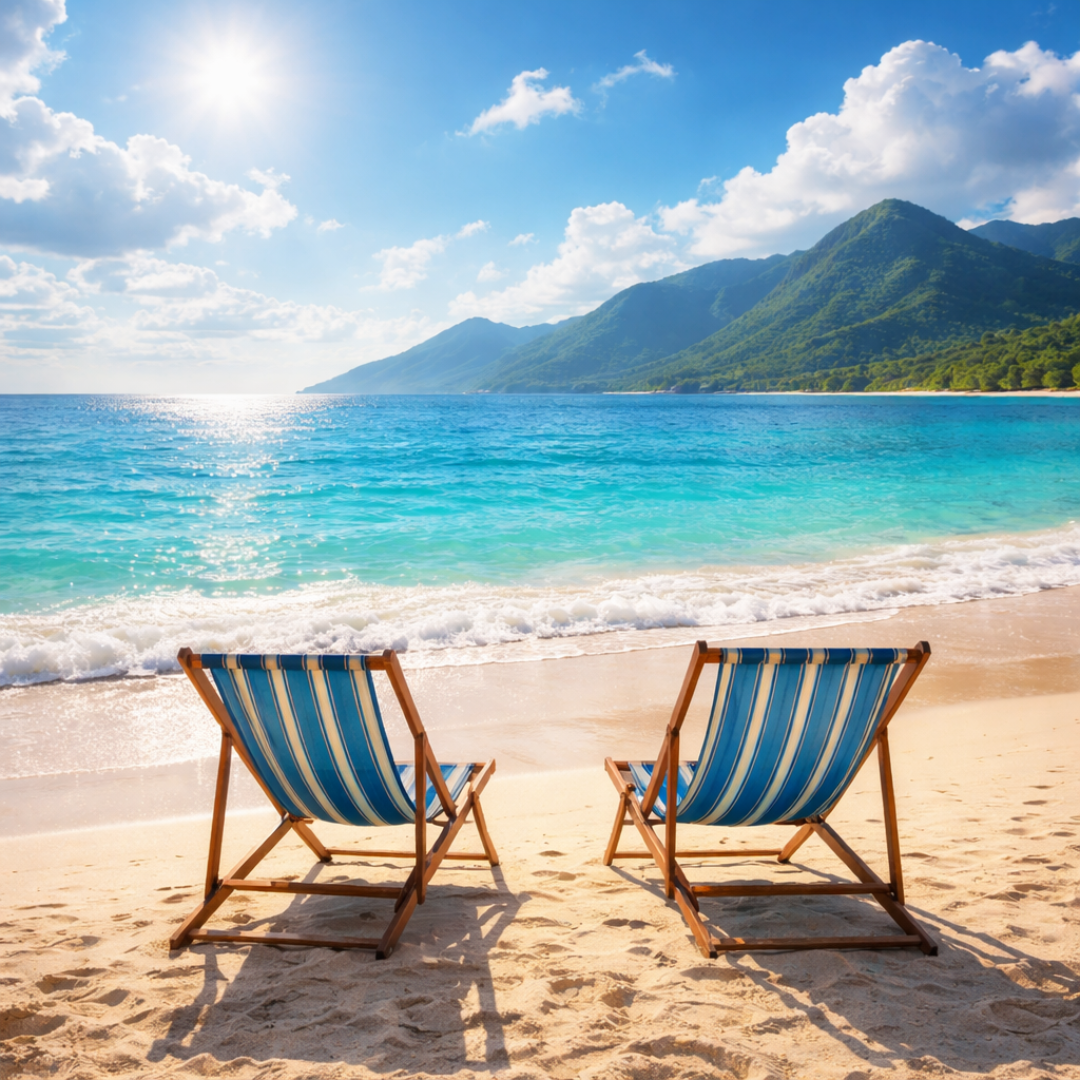 Two beach chairs facing the turquoise sea at Los Barriles, Mexico — Love Train Retreat venue